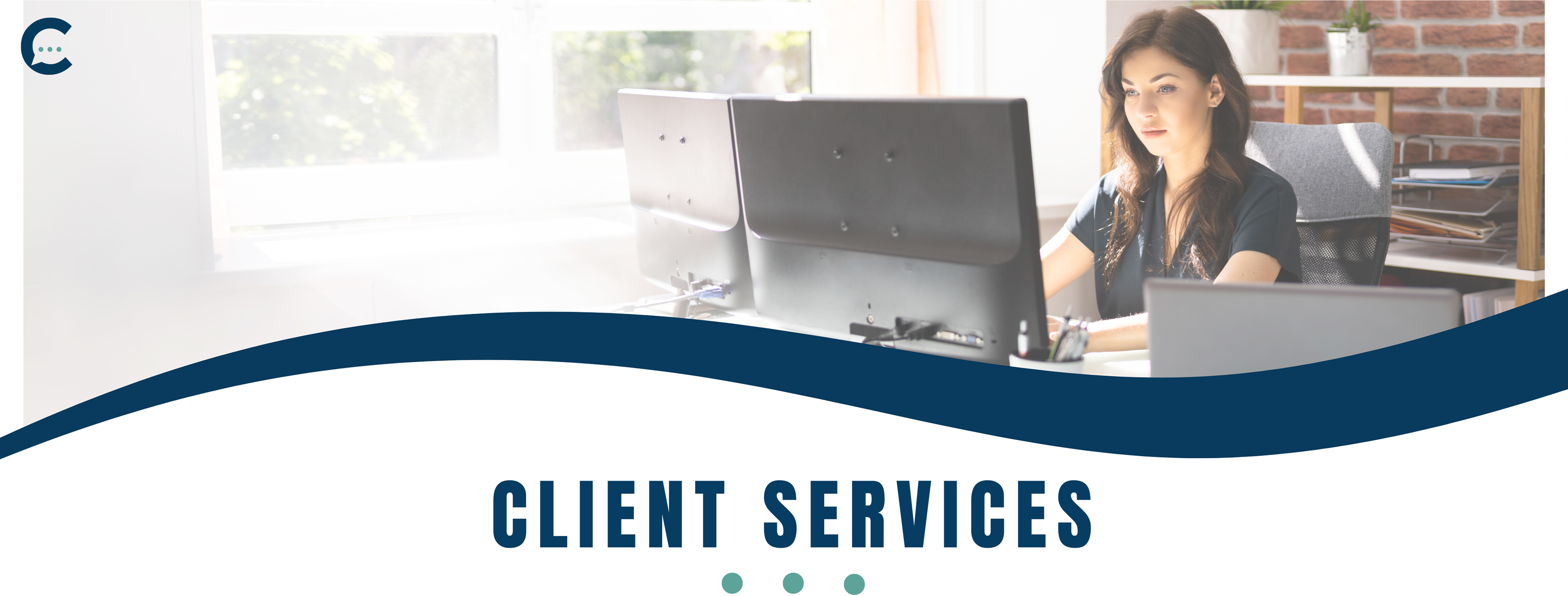“Client Services” is in bold blue lettering at the top of the page, with green dots underlining the text.